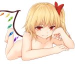  1girl bangs barefoot blonde_hair bow collarbone commentary_request convenient_arm crystal flandre_scarlet hair_bow hand_up long_hair looking_at_viewer lying miyo_(ranthath) no_hat no_headwear nude on_stomach one_side_up red_bow red_eyes simple_background smile solo thighs touhou white_background wings 