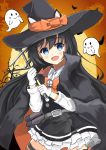  1girl 2others absurdres asashio_(kantai_collection) black_cape black_hair black_headwear blue_eyes cape commentary_request cowboy_shot dress faster_crisis frilled_dress frills full_moon ghost gloves hat highres kantai_collection long_hair long_sleeves looking_at_viewer moon multiple_others orange_neckwear orange_sky pinafore_dress remodel_(kantai_collection) searchlight shirt sky striped striped_legwear thighhighs wand white_gloves white_shirt witch_hat 