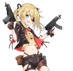  1girl bangs black_gloves black_jacket black_shorts blonde_hair blue_eyes blush breasts eyebrows_visible_through_hair eyepatch fingerless_gloves girls_frontline gloves gun hair_between_eyes highres holding holding_gun holding_weapon jacket long_hair looking_at_viewer matsuo_(matuonoie) navel open_mouth short_sleeves shorts sidelocks simple_background skorpion_(girls_frontline) smile solo standing stomach submachine_gun twintails upper_body weapon white_background 