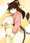  2018 anthro areola areola_slip belly big_breasts bikini blush bovid bovine breasts brown_body brown_fur brown_hair brown_spots cattle clothing ear_tag female fur green_eyes hair hi_res hoodie huge_breasts huge_thighs kemono long_hair looking_at_viewer mammal megane_inu meme micro_bikini navel nipple_outline overweight pink_areola pink_clothing portrait ribbons side_view smile solo spots spotted_body spotted_fur standing swimwear tail_tuft thick_thighs three-quarter_portrait topwear tuft twitter_hoodie white_body white_fur 