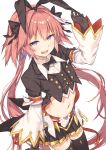  1boy astolfo_(fate) astolfo_(saber)_(fate) black_bow black_gloves black_hairband black_legwear black_neckwear black_skirt bow bowtie commentary_request eyebrows_visible_through_hair fang fate/grand_order fate_(series) gloves hair_bow hairband highres long_hair long_sleeves looking_at_viewer low_twintails male_focus navel open_mouth otoko_no_ko otou_mamayo pink_hair purple_eyes simple_background skirt solo thighhighs twintails very_long_hair white_background zettai_ryouiki 