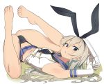  1girl animal_ears armpits ass bangs bare_legs barefoot black_panties blonde_hair blue_skirt bunny_ears double-breasted elbow_gloves eyebrows_visible_through_hair fake_animal_ears gloves grey_eyes hair_between_eyes hairband head_tilt highleg highleg_panties highres kantai_collection long_hair looking_at_viewer midriff navel panties parted_lips pleated_skirt shimakaze_(kantai_collection) shinomu_(cinomoon) sidelocks skirt skirt_flip solo thighs thong underwear white_gloves 