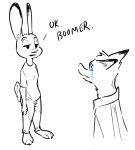  barefoot black_and_white bodily_fluids bottomwear canid canine clothed clothing crying dialogue dipstick_ears disney english_text fox fully_clothed fur head_tuft judy_hopps lagomorph leporid looking_at_another mammal monochrome multicolored_ears nick_wilde numbro pants rabbit red_fox shirt simple_background t-shirt tears text topwear tuft white_background zootopia 