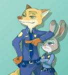 ambiguous_gender anthro blue_background blush bottomwear canid canine clothed clothing crossed_arms disney duo fox fully_clothed fur gesture green_eyes grey_body grey_fur hand_on_hip judy_hopps lagomorph leporid mammal necktie nick_wilde orange_body orange_fur pants pointing police_uniform rabbit red_fox shirt simple_background tomatoztp topwear uniform zootopia 