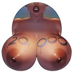  1girl areolae blue_background body_writing breasts cleavage close-up commentary dark_nipples dark_skin english_commentary followers fourth_wall gradient gradient_background head_out_of_frame highres hits huge_breasts lips nipples nude original outside_border ph_draw solo very_dark_skin 