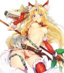  1girl absurdres animal_ear_fluff animal_ears ass_visible_through_thighs bangs belt bikini blonde_hair blush breasts brown_belt brown_collar cameltoe chain closed_mouth collar covered_nipples elbow_gloves eyebrows_visible_through_hair fenrir_knight fur_trim gloves highres holding holding_spear holding_weapon horn lips long_hair looking_at_viewer low-tied_long_hair medium_breasts navel niko_(tama) polearm pubic_tattoo red_gloves red_legwear riesz seiken_densetsu seiken_densetsu_3 side-tie_bikini simple_background single_elbow_glove smile solo spear standing string_bikini swimsuit tattoo thighhighs torn_bikini underboob very_long_hair weapon white_background wolf wolf_ears 