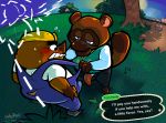  2019 animal_crossing anthro armor blush bottomwear brown_body brown_fur bulge canid canine clothing detailed_background duo english_text eulipotyphlan flaccid fur headgear helmet hi_res humanoid_hands humanoid_penis male male/male mammal mole_(animal) mr._resetti nintendo outside overalls pants penis raccoon_dog shirt slightly_chubby tanuki text tom_nook_(animal_crossing) topwear torquewintress video_games 