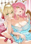  2girls absurdres ahoge animal_ear_fluff animal_ears babydoll bangs bare_shoulders blonde_hair blush braid breasts cleavage closed_mouth collarbone eyebrows_visible_through_hair fang fate/grand_order fate_(series) fox_ears fox_girl french_braid green_eyes hair_between_eyes hair_intakes highres hug hug_from_behind kou_mashiro large_breasts long_hair looking_at_viewer multiple_girls nero_claudius_(fate)_(all) nero_claudius_(swimsuit_caster)_(fate) open_mouth panties pink_hair see-through side-tie_panties tamamo_(fate)_(all) tamamo_no_mae_(swimsuit_lancer)_(fate) twintails underwear undressing_another untied untied_panties yellow_eyes yuri 