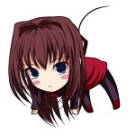  1girl akeyama_kitsune aozaki_aoko blue_eyes blush_stickers brown_hair casual chibi dress hair_between_eyes hair_intakes long_hair looking_at_viewer mahou_tsukai_no_yoru midair pantyhose red_dress solo white_background 