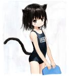  1girl animal_ears bangs black_hair brown_eyes cat_ears cat_tail closed_mouth cowboy_shot dot_nose facepaint fake_whiskers highres holding kickboard looking_at_viewer messy_hair one-piece_swimsuit original school_swimsuit sho_(sho_lwlw) short_hair simple_background solo standing swimsuit tail 