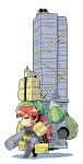  1girl =_= backpack bag beret bird bird_nest bodysuit boots carrying carrying_under_arm chibi colonel_aki commentary crow death_stranding food fruit gloves hat highres hong_meiling long_hair parody red_hair shadow sidelocks solo standing star suitcase touhou translation_request watermelon white_background 