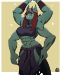  abs absurd_res anthro beads bottomwear clothing felid feline female flexing fur green_body green_fur hi_res horn looking_at_viewer mammal multi_arm multi_limb muscular muscular_female pose skirt solo tusks wolfgaoz 