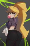  1girl absurdres ass bangs big_hair black_eyes black_pants blunt_bangs breasts bubble_blowing chewing_gum cropped_jacket earrings eyebrows_visible_through_hair eyeshadow from_behind gravity_falls grey_background highres hood hood_down hoop_earrings huge_ass jewelry legs_together long_hair looking_back makeup medium_breasts midriff pacifica_northwest pants ponytail postblue98 sidelocks sleeveless solo standing tight tight_pants towel very_long_hair yoga_pants 