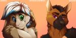  2019 anthro black_body black_fur black_nose blue_eyes brown_body brown_fur bust_portrait canid canine canis cheek_tuft digital_drawing_(artwork) digital_media_(artwork) domestic_dog duo ear_piercing eyebrows eyewear facial_tuft front_view fur glasses green_eyes hair herding_dog heterochromia hi_res highlights_(coloring) lagomorph leporid long_ears male mammal mostly_nude nude orange_background pastoral_dog piercing portrait purple_eyes rabbit shiuk simple_background smile text tuft url watermark whiskers white_hair 