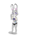  anthro barefoot clothed clothing dipstick_ears disney fur grey_body grey_fur holding_object judy_hopps lagomorph leporid mammal midriff multicolored_ears open_mouth purple_eyes rabbit simple_background solo standing tomatoztp towel white_background zootopia 