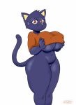  2018 anthro big_breasts bodily_fluids bottomless breasts clothed clothing domestic_cat felid feline felis female fur josieokami looking_at_viewer mae_borowski mammal night_in_the_woods nipples notched_ear shirt simple_background solo succasaurus sweat sweatdrop topwear video_games white_background 