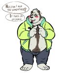  2019 absurd_res anthro belly black_body black_fur black_nose blush bottomwear burrnie clothing english_text fur giant_panda hi_res humam_hands male mammal navel overweight overweight_male pants simple_background solo text ursid white_background white_body white_fur 