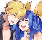  1boy 1girl ^_^ blonde_hair blue_hair blush close-up closed_eyes collarbone couple detached_collar dizzy eyebrows_visible_through_hair face face-to-face guilty_gear hair_ribbon hair_rings hetero husband_and_wife ky_kiske ribbon rirene_rn smile yellow_ribbon 
