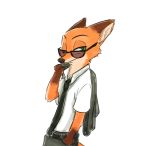  2017 anthro belt bottomwear brown_body brown_fur canid canine clothed clothing disney eyewear fox fully_clothed fur glasses gloves_(marking) green_eyes grey_bottomwear grey_clothing grey_topwear half-length_portrait hand_in_pocket holding_clothing looking_aside looking_at_viewer mammal markings necktie nick_wilde one_eye_closed orange_body orange_fur pockets portrait shirt simple_background solo standing tan_body tan_fur tomatoztp topwear white_background white_clothing white_topwear wink zootopia 