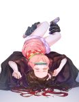  1girl absurdres bamboo bare_legs bit_gag black_hair black_haori full_body gag gradient gradient_background grey_background hair_ribbon haori highres japanese_clothes kamado_nezuko kimetsu_no_yaiba kimono long_hair long_sleeves looking_at_viewer lying mouth_hold multicolored_hair on_back oni open_clothes pink_eyes pink_kimono pink_nails pink_ribbon red_hair ribbon ridam short_kimono simple_background solo two-tone_hair white_background wide_sleeves 