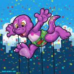  1:1 angelblancocommissions animate_inanimate balloon confetti diaper dinosaur hi_res inflatable living_inflatable pattern_diaper pool_toy reptile rope scalie smile string 