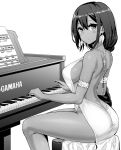  1girl armlet azur_lane backless_dress backless_outfit braid breasts dark_skin dress evening_gown grand_piano hair_between_eyes hori_(hori_no_su) instrument large_breasts monochrome native_american piano piano_bench solo south_dakota_(azur_lane) south_dakota_(solo_concert)_(azur_lane) 