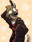  aggressive_retsuko anthro black_nose brown_body brown_fur clothed clothing fur haida head_tuft hi_res hyaenid inner_ear_fluff jacket looking_away mammal one_ear_up open_mouth open_smile rainie-painie sanrio sharp_teeth shirt simple_background smile solo spots spotted_body spotted_fur tan_background teeth topwear tuft white_body white_fur 