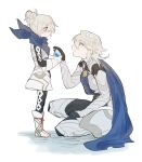  1boy 1girl armor barefoot cape corrin_(fire_emblem) corrin_(fire_emblem)_(male) crying father_and_daughter feet fire_emblem fire_emblem_fates fire_emblem_heroes gloves hair_bun image_sample itou_(very_ito) kana_(fire_emblem) kana_(fire_emblem)_(female) manakete pointy_ears scarf twitter_sample white_hair 