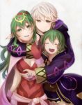  1boy absurdres breasts cape child cleavage dress fire_emblem fire_emblem_awakening fire_emblem_heroes green_eyes green_hair highres hood hood_down hujisakiemi707 long_hair long_sleeves manakete morgan_(fire_emblem) morgan_(fire_emblem)_(female) parent_and_child pointy_ears red_eyes robe robin_(fire_emblem) robin_(fire_emblem)_(male) simple_background tattoo tiara tiki_(fire_emblem) white_hair 