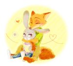  &lt;3 ambiguous_gender anthro barefoot blush bottomwear canid canine clothed clothing disney duo eyes_closed fox fully_clothed fur gloves_(marking) grey_body grey_fur hi_res holding_object hug hugging_from_behind judy_hopps lagomorph leg_markings leporid mammal markings nick_wilde open_mouth pants purple_eyes rabbit red_fox shirt simple_background sitting smile socks_(marking) tomatoztp topwear yellow_background zootopia 