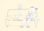  barefoot bottomwear canid canine clothing cub disney english_text eyes_closed fox furniture group lagomorph leporid mammal necktie nick_wilde pants pillow rabbit red_fox shirt simple_background sitting sleeping sofa tan_background text tomatoztp topwear young zootopia 