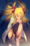  1girl asymmetrical_legwear asymmetrical_sleeves bangs black_legwear blonde_hair blush bow cis05 cloak closed_eyes earrings ereshkigal_(fate/grand_order) fate/grand_order fate_(series) hair_bow infinity jewelry knees_up long_hair night night_sky open_mouth parted_bangs red_bow single_sleeve single_thighhigh sky solo squatting thighhighs thighs tiara two_side_up white_cloak wind wind_lift 