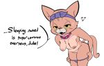 aggressive_retsuko anthro bandanna bodily_fluids breasts clothing dialogue domestic_cat felid feline felis female fur gabbah hi_res jewelry looking_at_viewer mammal mostly_nude necklace nipples panties pink_body pink_fur puko_(aggretsuko) pussy sanrio simple_background solo sweat talking_to_viewer thick_thighs underwear undressing yellow_sclera 
