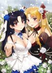  2girls bangs bare_shoulders black_dress black_gloves black_hair blonde_hair blush breasts cleavage closed_mouth collarbone dress ear_piercing elbow_gloves ereshkigal_(fate/grand_order) fate/grand_order fate_(series) flower gloves hair_flower hair_ornament hair_ribbon highres ishtar_(fate/grand_order) long_hair looking_at_viewer multiple_girls noixen open_mouth petals piercing red_eyes revision ribbon siblings sisters smile two_side_up white_dress 