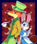  anthro black_nose bottomwear canid canine clothed clothing dipstick_ears disney dress duo english_text fox fully_clothed fur green_eyes grey_body grey_fur hand_in_pocket hat headgear headwear holding_cup holding_object judy_hopps lagomorph leporid mammal multicolored_ears nick_wilde orange_body orange_fur pants pattern_background pink_nose pockets purple_eyes rabbit red_fox shirt simple_background smile text tomatoztp topwear zootopia 