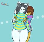  aged_up anthro anthrofied bottomless brown_hair candy_tooth(artist) clothed clothing dark_skin eyes_closed female fur grey_hair hair hi_res human male male/female mammal protagonist_(undertale) tem temmie_(undertale) undertale video_games white_body white_fur 