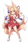  1girl animal_ear_fluff animal_ears bangs bare_shoulders blonde_hair bow closed_mouth collarbone detached_sleeves eyebrows_visible_through_hair fox_ears fox_girl fox_tail full_body hair_between_eyes hair_intakes hair_ornament hakama hakama_skirt hands_on_hips highres izuna_(shinrabanshou) japanese_clothes karukan_(monjya) kitsune long_hair long_sleeves red_bow red_eyes red_footwear red_hakama revision shinrabanshou short_eyebrows sidelocks simple_background sleeves_past_wrists smile socks solo standing tail thick_eyebrows translation_request very_long_hair white_background white_legwear white_sleeves wide_sleeves zouri 
