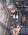  2girls absurdres ahoge artist_request backpack bag bus cellphone commentary_request girls_frontline grey_eyes grey_hair ground_vehicle headphones headphones_around_neck highres jacket korean_commentary m200_(girls_frontline) motor_vehicle multiple_girls necktie out_of_frame phone reflection seat skirt smartphone st_ar-15_(girls_frontline) 