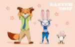  2017 anthro barefoot black_nose bottomwear canid canine clothed clothing dipstick_ears dipstick_tail disney english_text eyes_closed fox fully_clothed fur gloves_(marking) grey_body grey_fur grin group judy_hopps lagomorph leg_markings leporid mammal markings multicolored_ears multicolored_tail necktie nick_wilde open_mouth open_smile pants pawpads police_uniform rabbit red_fox shirt simple_background smile socks_(marking) standing tan_background text tomatoztp topwear uniform zootopia 