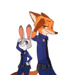  2017 anthro bottomwear canid canine clothed clothing dipstick_ears disney duo fox fully_clothed fur gesture grey_body grey_fur judy_hopps lagomorph leporid looking_at_viewer mammal multicolored_ears necktie nick_wilde orange_body orange_fur pants police_uniform rabbit red_fox salute shirt simple_background tomatoztp topwear uniform white_background zootopia 