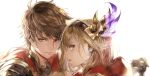  1boy 1girl adoniszaf asymmetrical_hair blue_earrings brown_eyes brown_hair cape djeeta_(granblue_fantasy) ear_piercing gloves gran_(granblue_fantasy) granblue_fantasy hair_ornament hairband highres looking_at_viewer piercing profile short_hair simple_background white_background 