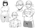  1girl 2boys :o belly breasts character_request crossed_arms elf-san_wa_yaserarenai. erufuda-san food french_fries genderswap genderswap_(ftm) genderswap_(mtf) highres large_breasts monochrome multiple_boys muscle pointy_ears scar short_hair simple_background synecdoche white_background 