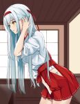  1girl adjusting_hair blush breasts brown_eyes hachimaki hair_ribbon hairband headband highres inor2i japanese_clothes jewelry kantai_collection kimono long_hair open_mouth red_headband ribbon ring shoukaku_(kantai_collection) silver_hair skirt solo wedding_band white_kimono window 