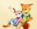  ambiguous_gender anthro barefoot bottomwear canid canine cheek_tuft clothed clothing disney duo facial_tuft fox fully_clothed fur green_eyes grey_body grey_fur holding_object judy_hopps lagomorph leporid mammal necktie orange_body orange_fur pants pink_nose purple_eyes rabbit red_fox shirt sitting smile tomatoztp topwear tuft zootopia 