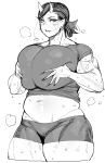  1girl belly breast_squeeze breasts earrings elf-san_wa_yaserarenai. fang highres horns huge_breasts jewelry looking_at_viewer midriff monochrome muscle muscular_female navel oga-san plump pointy_ears ponytail short_hair short_shorts shorts simple_background smile solo synecdoche thick_thighs thighs white_background 