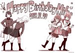  4girls bag bandages bandaid bangs blouse blunt_bangs blush boko_(girls_und_panzer) carrying character_name closed_eyes closed_mouth commentary dated dress_shirt english_text eyebrows_visible_through_hair frown gift girls_und_panzer greyscale grimace hand_on_hip happy_birthday highres holding holding_bag holding_stuffed_animal hone_(honehone083) itsumi_erika kuromorimine_school_uniform leaning_back leaning_forward leg_up loafers long_hair long_sleeves looking_at_another looking_back medium_hair miniskirt monochrome multiple_girls neckerchief nishizumi_maho nishizumi_miho ooarai_school_uniform open_mouth pleated_skirt school_bag school_uniform serafuku shadow shirt shoes shopping_bag short_hair siblings sisters skirt socks spot_color standing standing_on_one_leg star stuffed_animal stuffed_toy surprised sweatdrop takebe_saori thighhighs throwing tsundere twitter_username 