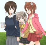  3girls animal_ears animal_print backpack bag bangs bear_ears bear_print black_sweater boko_(girls_und_panzer) bow bowtie brown_eyes brown_hair brown_sweater carrying casual cellphone closed_mouth coffee_cup commentary cup disposable_cup dress_shirt eyebrows_visible_through_hair fake_animal_ears frilled_skirt frills girls_und_panzer grey_skirt handbag holding holding_cup holding_hands hood hoodie jewelry layered_skirt light_brown_eyes light_brown_hair long_hair long_sleeves looking_at_another looking_back medium_skirt miniskirt multiple_girls mutsu_(layergreen) necklace nishizumi_maho nishizumi_miho one_side_up open_mouth phone pink_shirt pleated_skirt red_skirt shimada_arisu shirt short_hair siblings sisters skirt smile standing sweater walking white_shirt yellow_neckwear yellow_shirt 