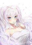  1girl ? bangs bare_shoulders blue_eyes blush breasts character_request cleavage collarbone dress eyebrows_visible_through_hair finger_to_mouth g_home long_hair long_sleeves maplestory medium_breasts off-shoulder_dress off_shoulder parted_lips petals sidelocks silver_hair simple_background smile solo twintails white_background white_dress 