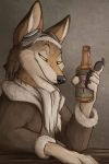  5_fingers alcohol beer beverage canid canine canis claws clothed clothing coyote eyes_mostly_closed eyewear fingers goggles goggles_on_head hi_res lizet looking_away male mammal narrowed_eyes northhusky solo 
