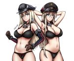  2girls arms_behind_head artist_name azur_lane bismarck_(azur_lane) bismarck_(kantai_collection) black_bra black_panties blonde_hair blue_eyes bra breasts crossover eyebrows_visible_through_hair germany hat highres jewelry kantai_collection large_breasts long_hair looking_at_viewer military_hat multiple_girls namesake necklace panties underwear underwear_only white_background zap-nik 